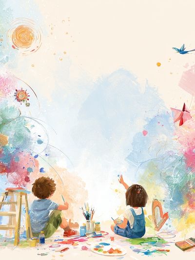 Children Painting Rainbow Illustration Poster.