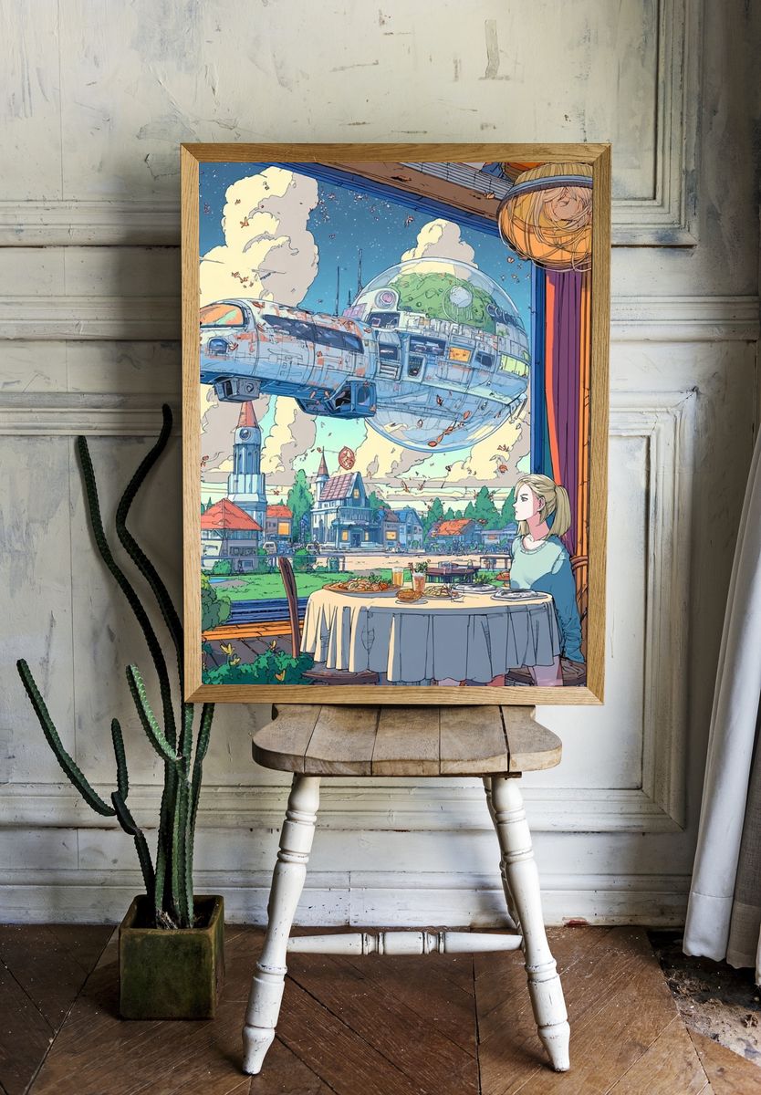Floating Spacecraft Café Illustration Poster. — room view 1