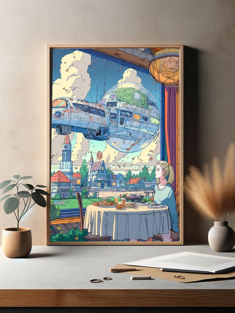 Floating Spacecraft Café Illustration Poster. — room view 2