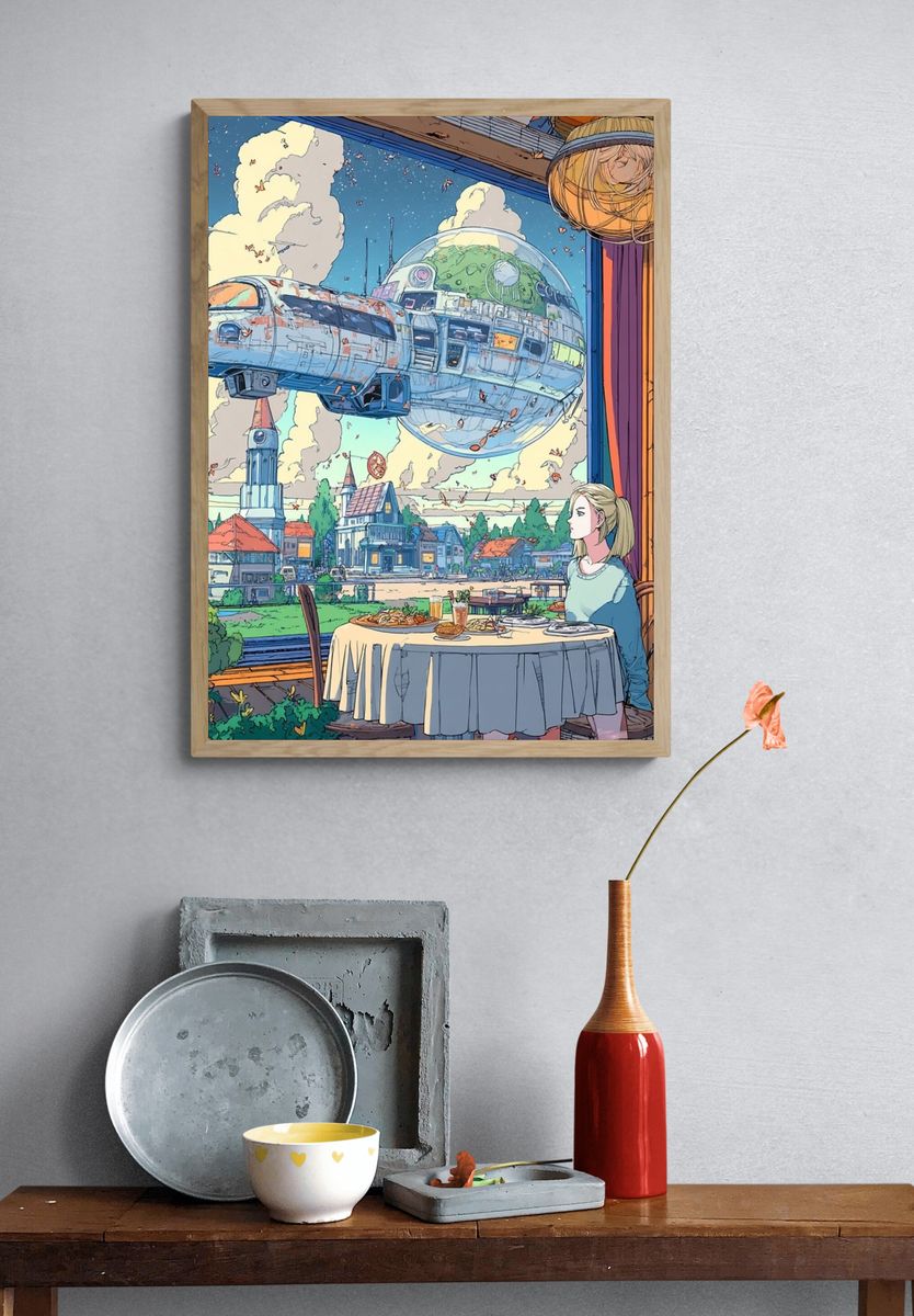Floating Spacecraft Café Illustration Poster. — room view 3