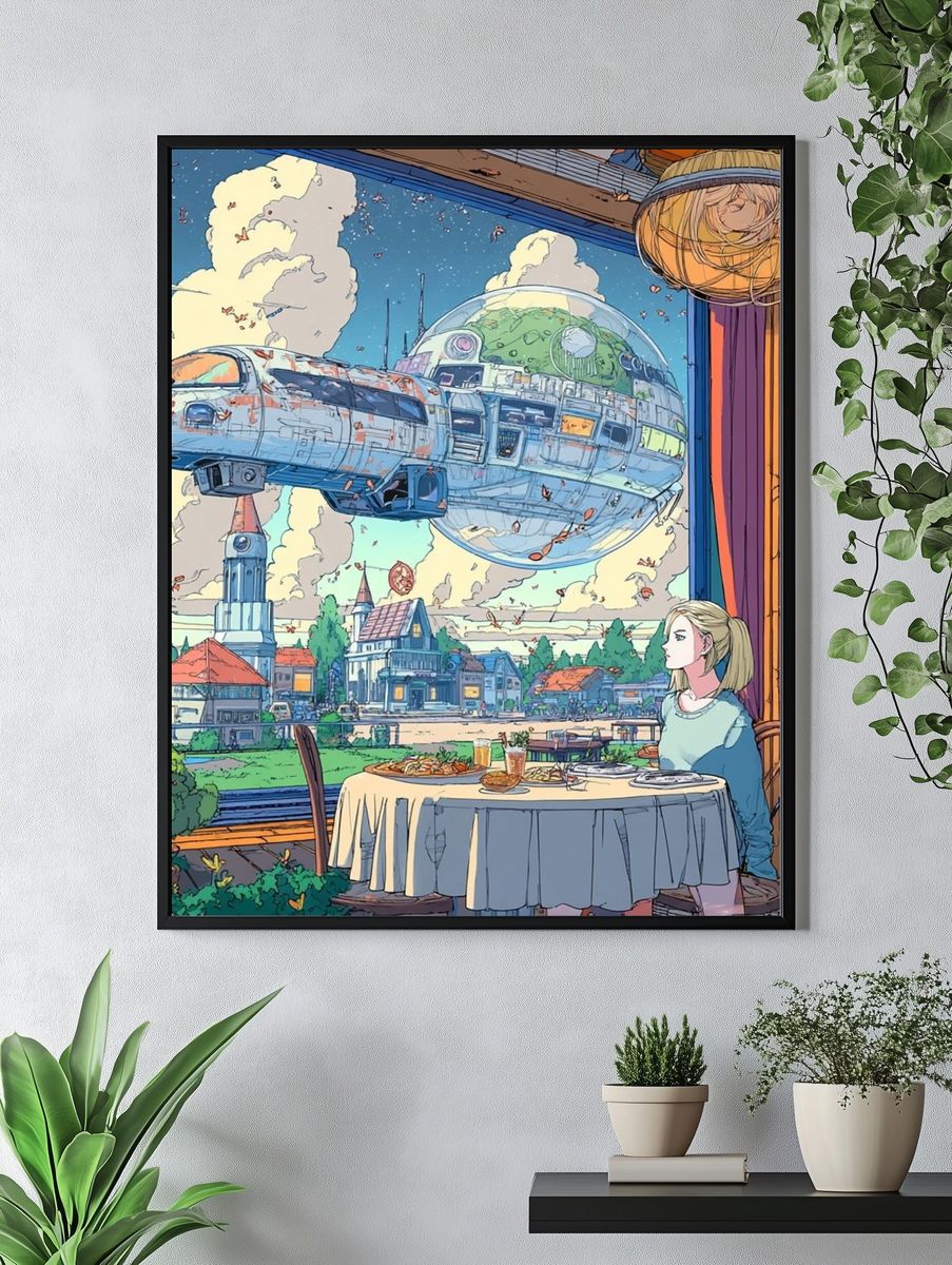 Floating Spacecraft Café Illustration Poster. — room view 4