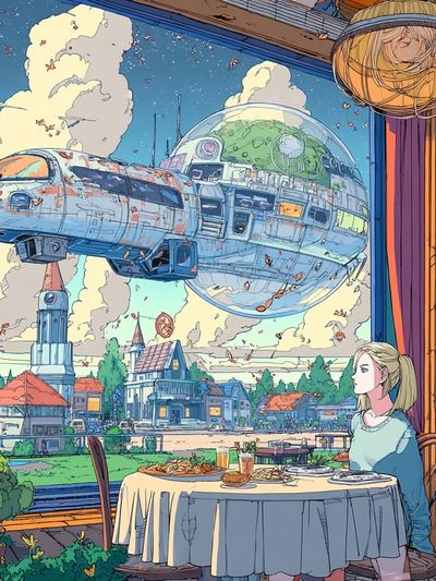 Floating Spacecraft Café Illustration Poster. poster