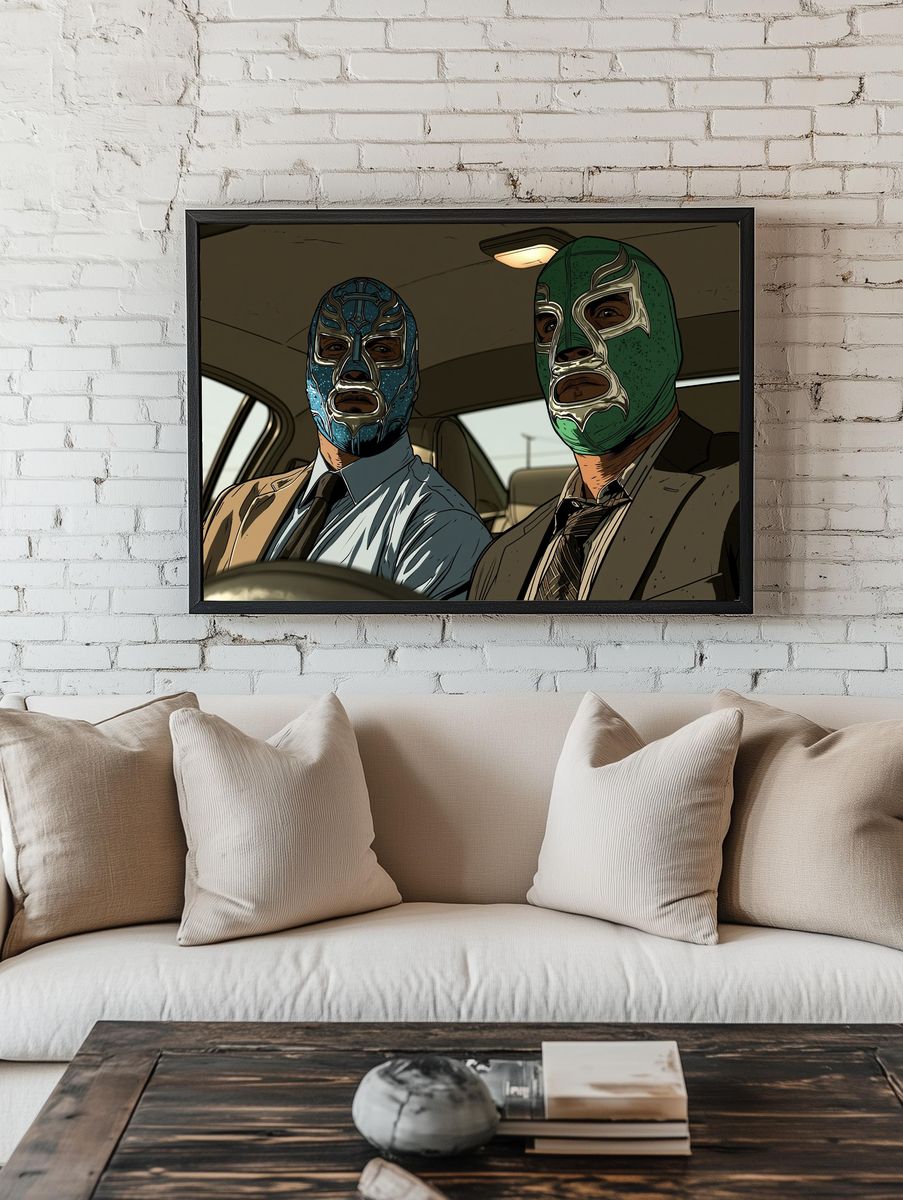 Masked Men in Car Illustration Poster. room preview