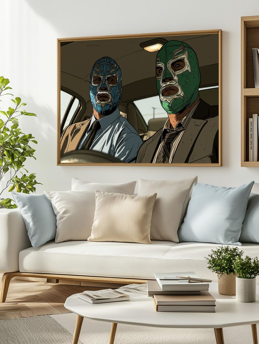 Masked Men in Car Illustration Poster. — room view 2