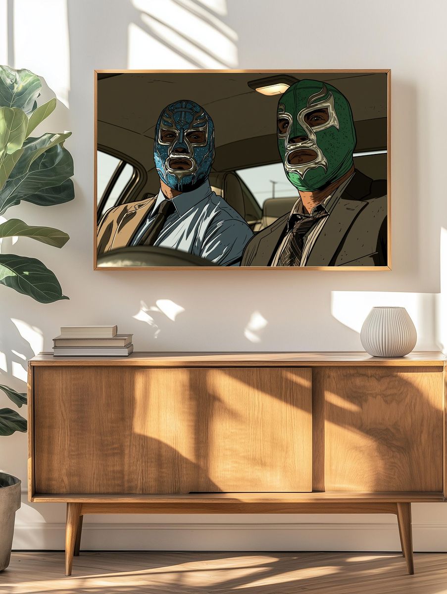 Masked Men in Car Illustration Poster. — room view 3
