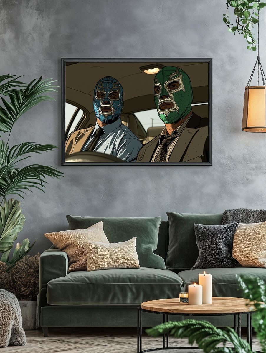 Masked Men in Car Illustration Poster. — room view 4