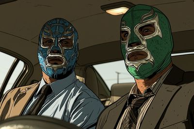 Masked Men in Car Illustration Poster.