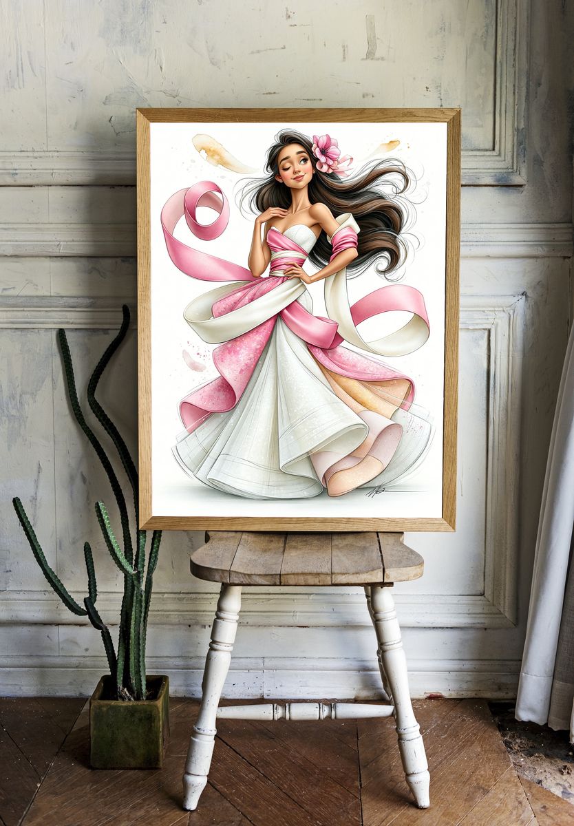 Pink Ribbon Fashion Illustration Poster. — room view 1