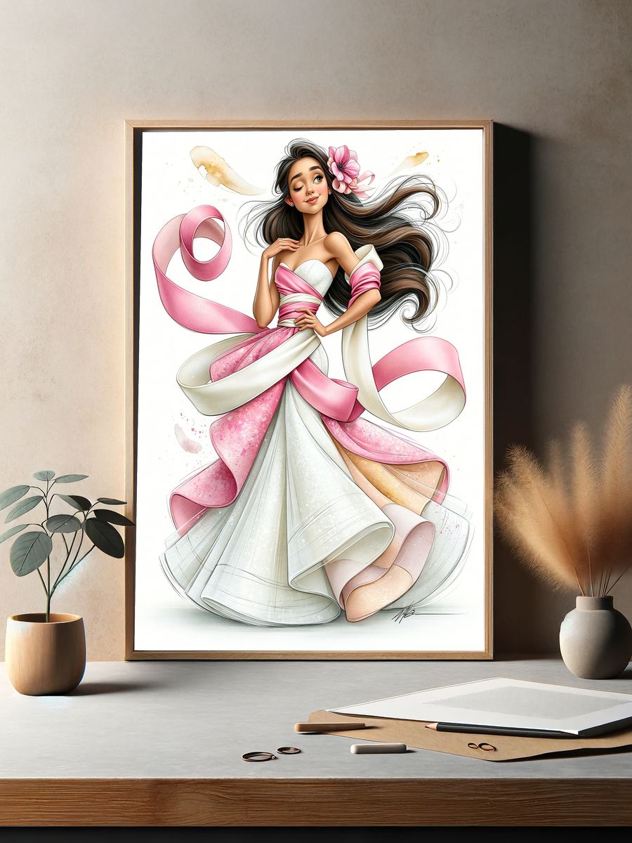 Pink Ribbon Fashion Illustration Poster. — room view 2