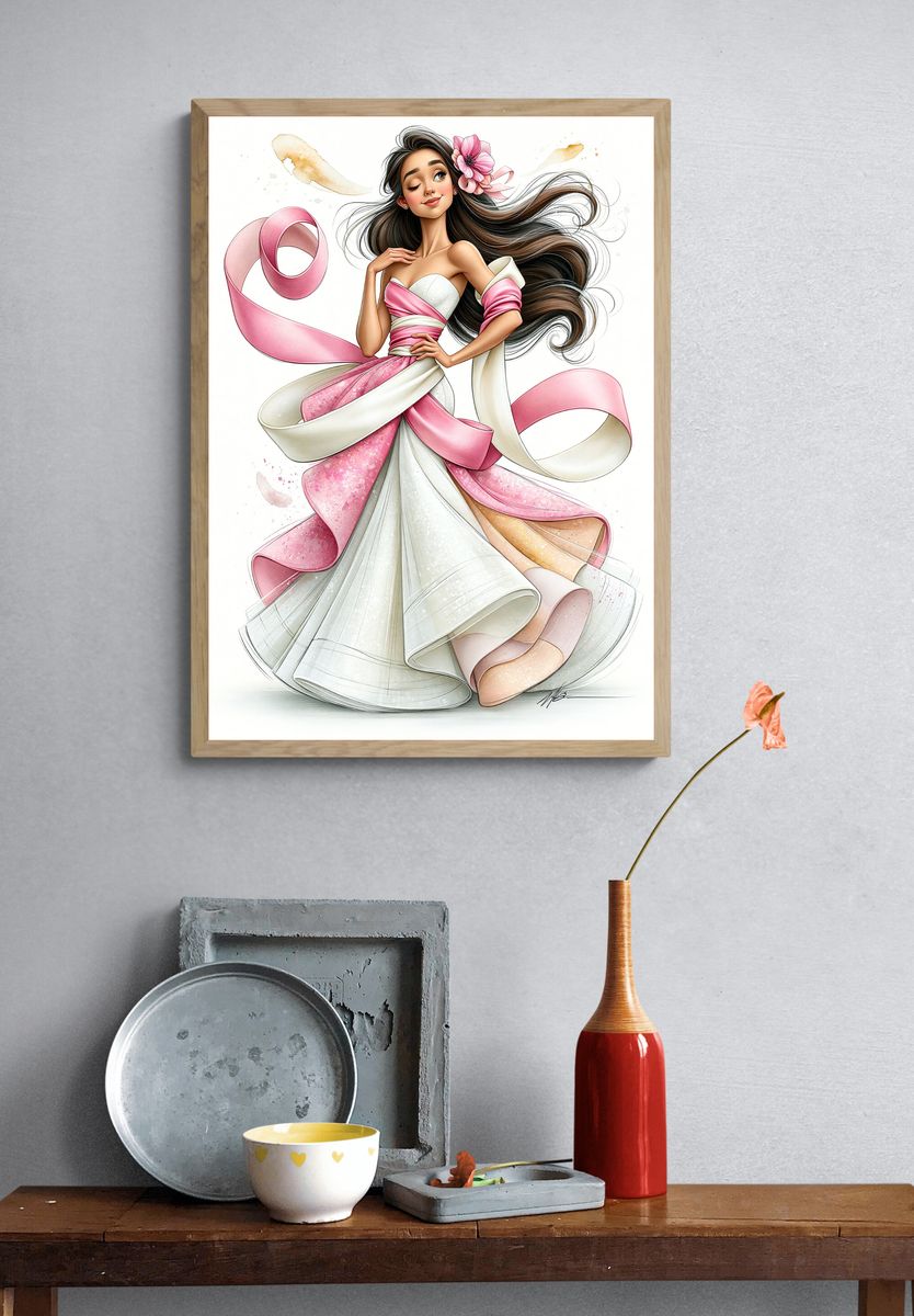 Pink Ribbon Fashion Illustration Poster. — room view 3