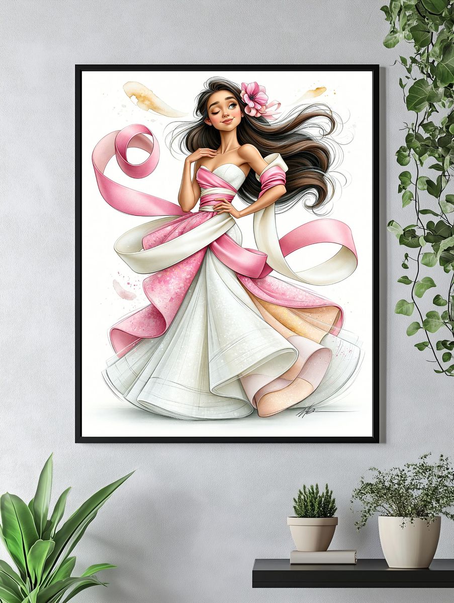 Pink Ribbon Fashion Illustration Poster. — room view 4