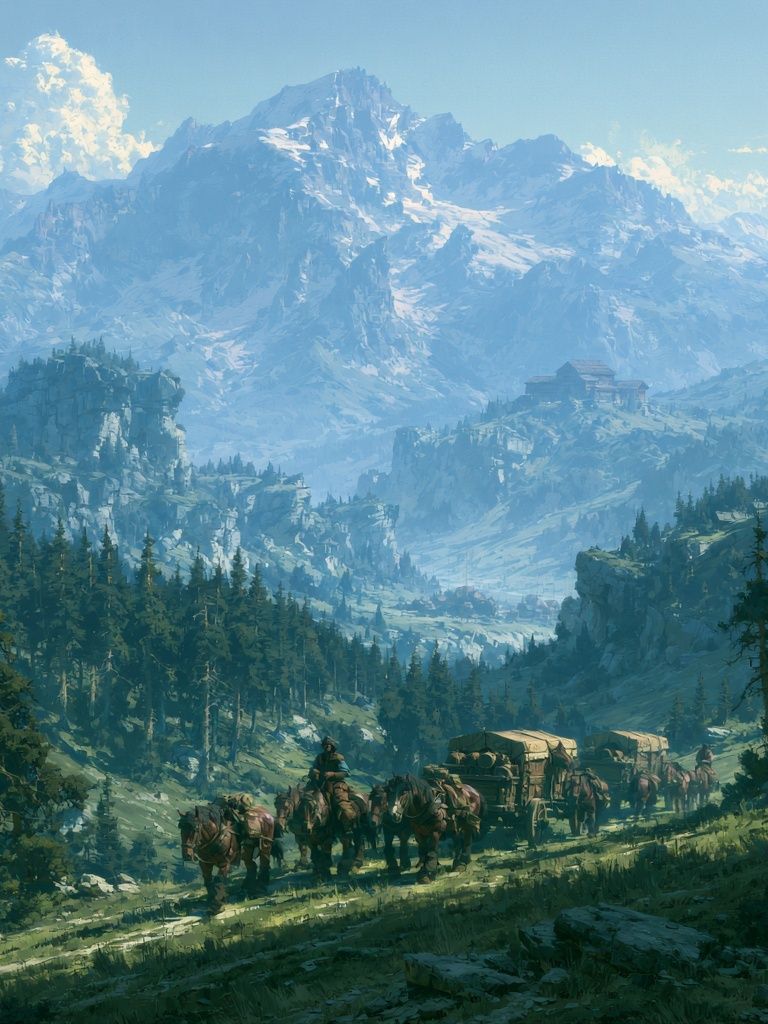 Mountain Caravan Landscape Print. poster — illustration art
