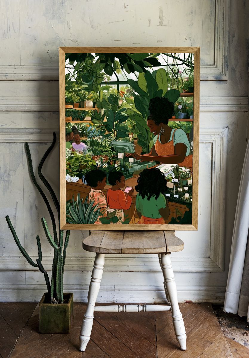 Botanical Market Scene Illustration Poster. room preview