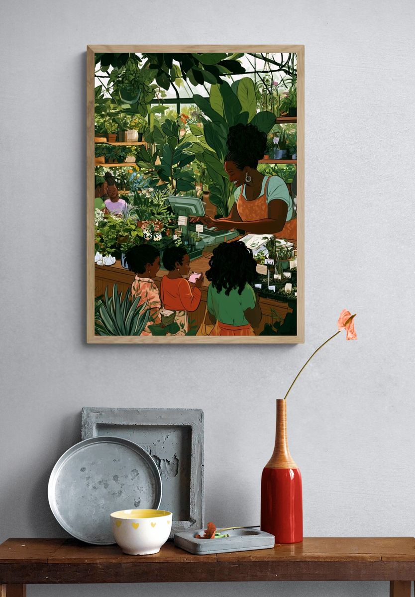 Botanical Market Scene Illustration Poster. — room view 3