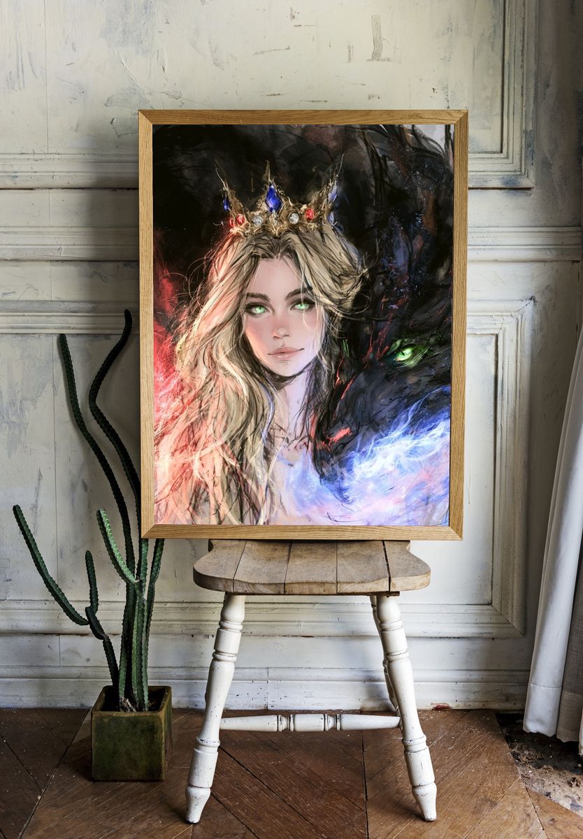 Crowned Queen and Dragon Illustration Poster. room preview