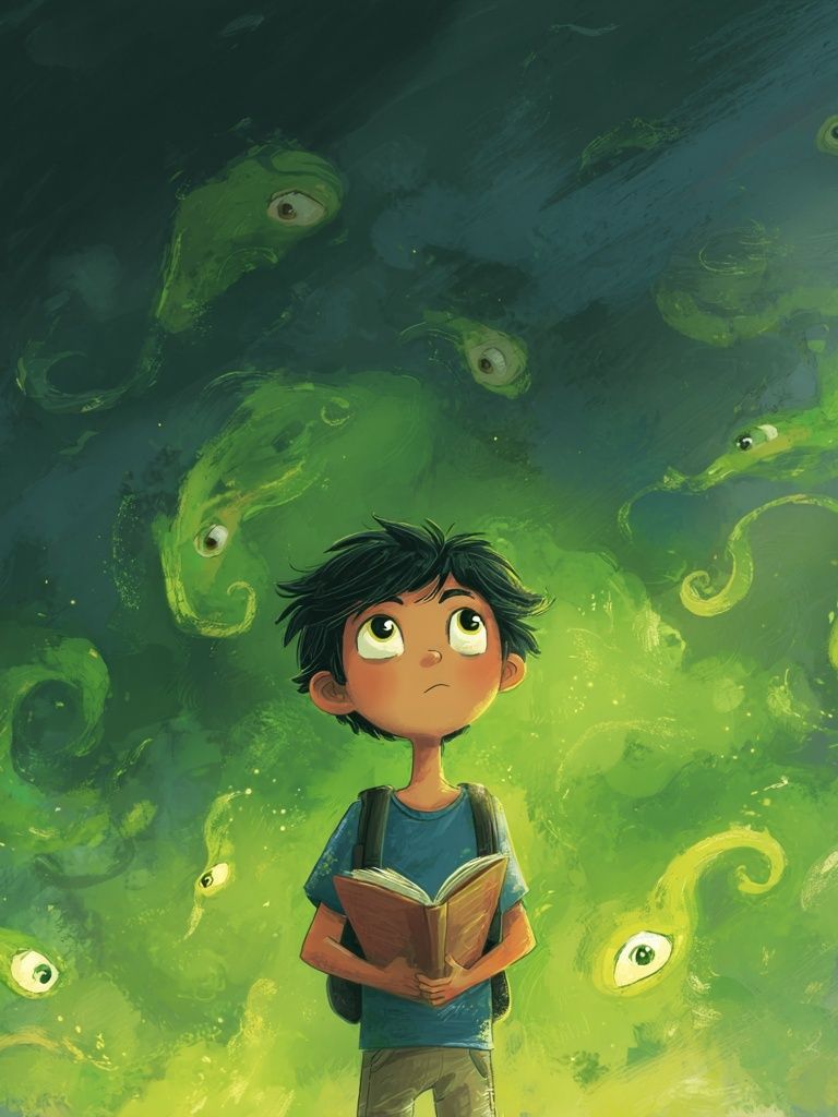 Boy and Green Spirits Illustration Poster. poster detail
