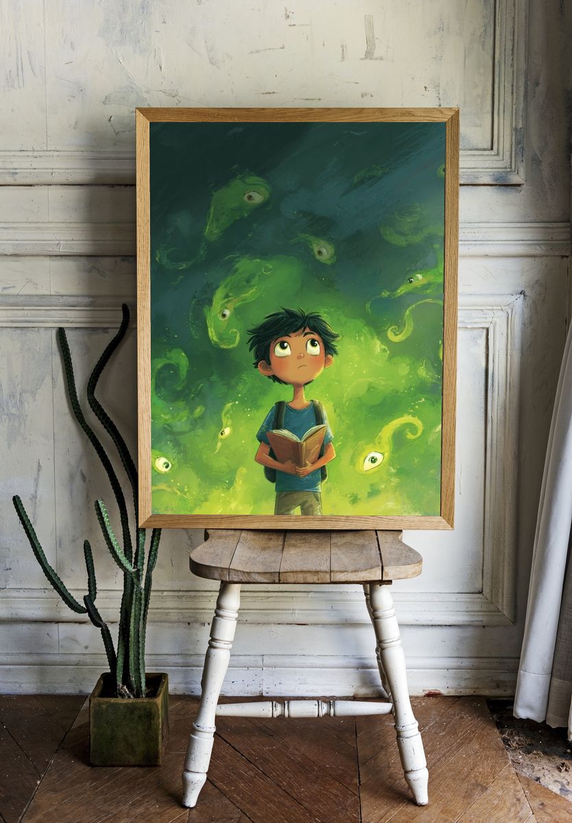 Boy and Green Spirits Illustration Poster. — room view 1