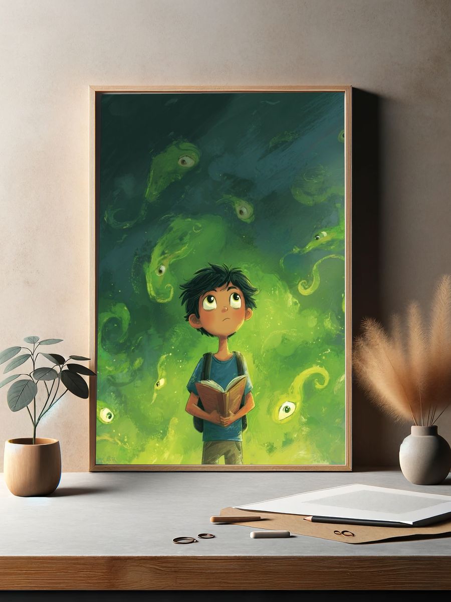 Boy and Green Spirits Illustration Poster. — room view 2