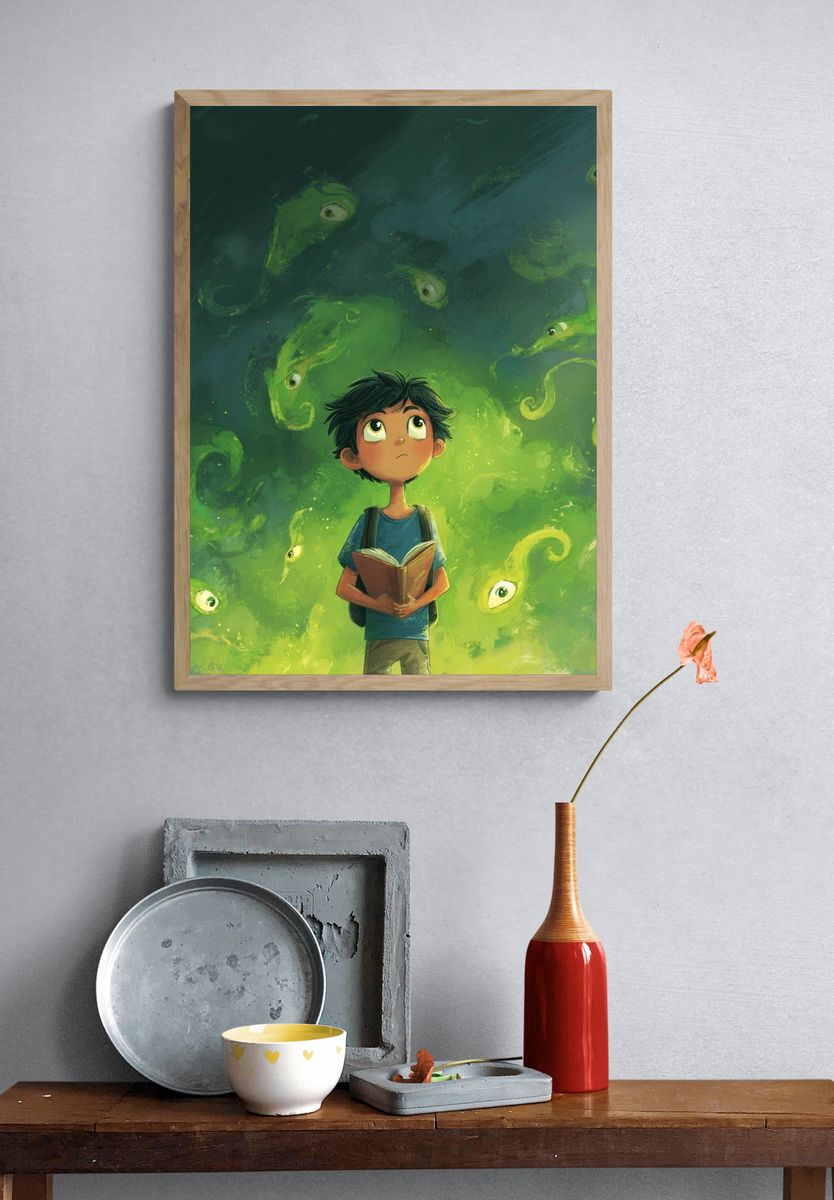 Boy and Green Spirits Illustration Poster. — room view 3