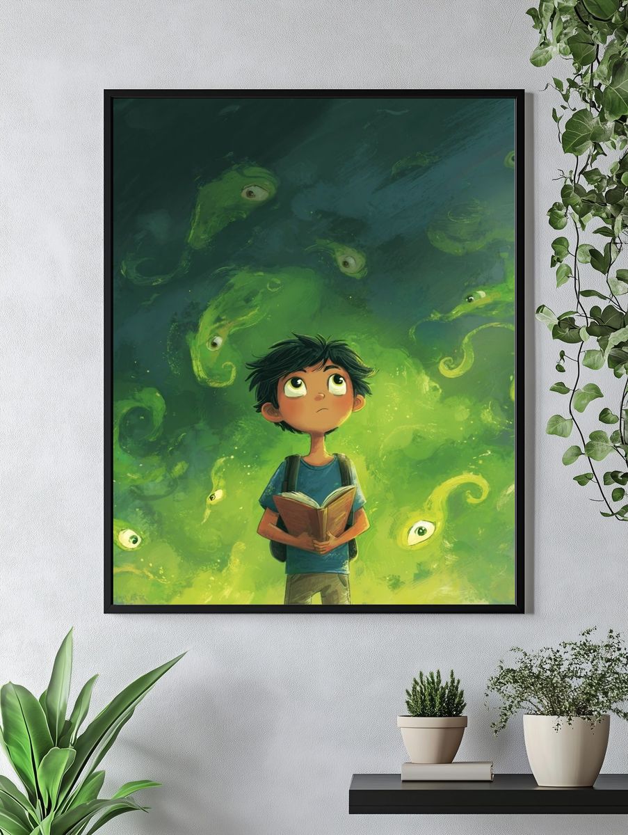 Boy and Green Spirits Illustration Poster. — room view 4