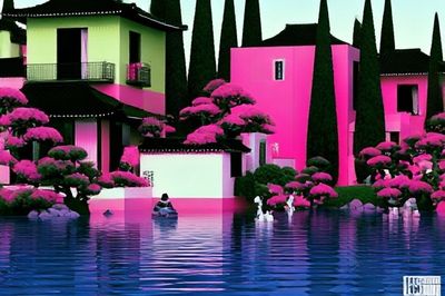 Neon Coastal Village Illustration Print. poster print