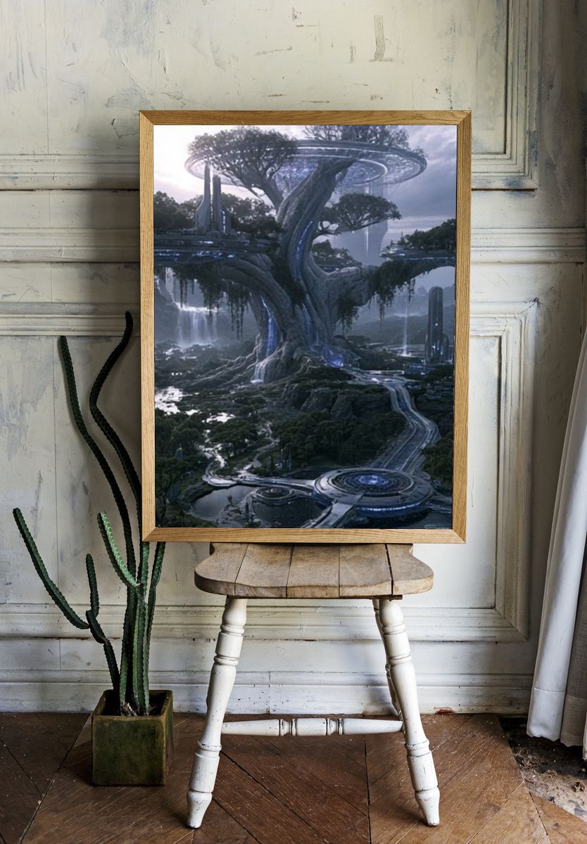 Futuristic Tree City Illustration Poster. room preview