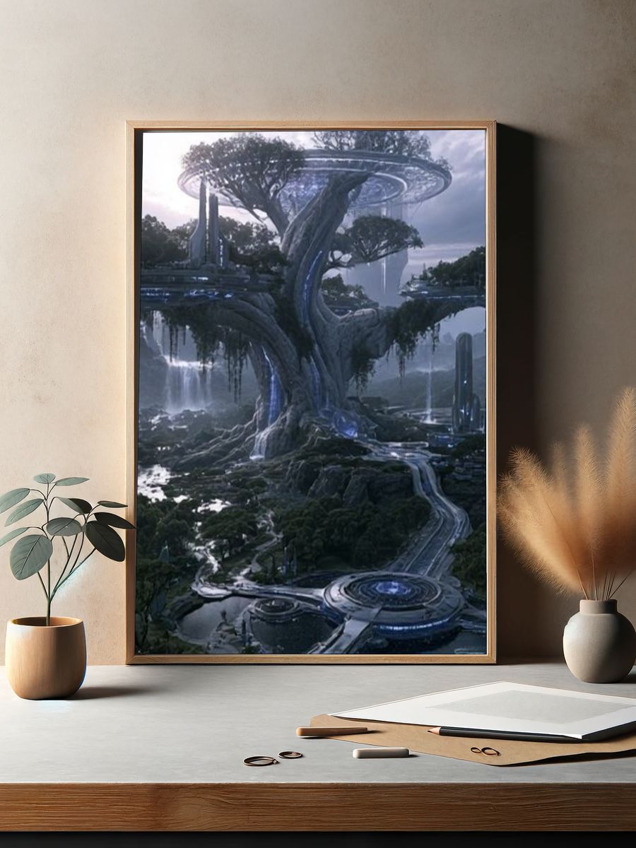 Futuristic Tree City Illustration Poster. — room view 2