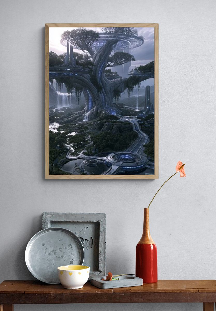 Futuristic Tree City Illustration Poster. — room view 3