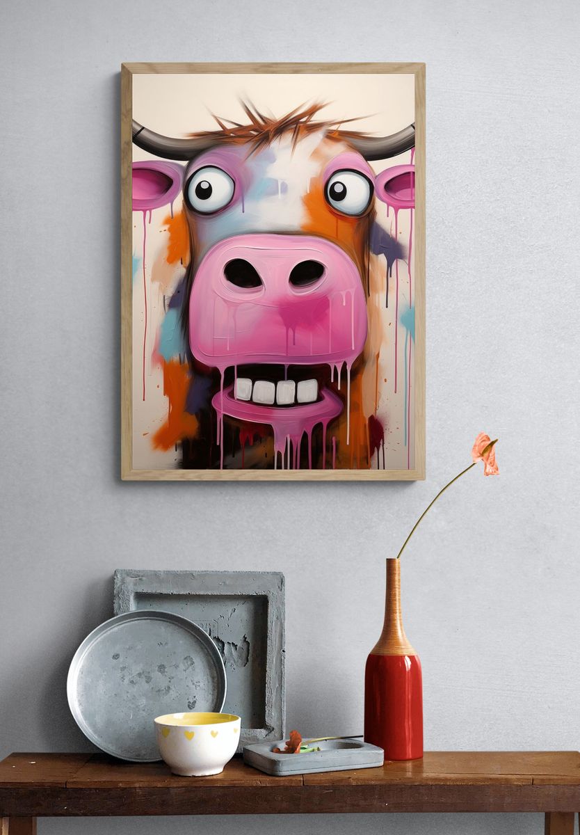 Colorful Cow Face Illustration Poster. — room view 3