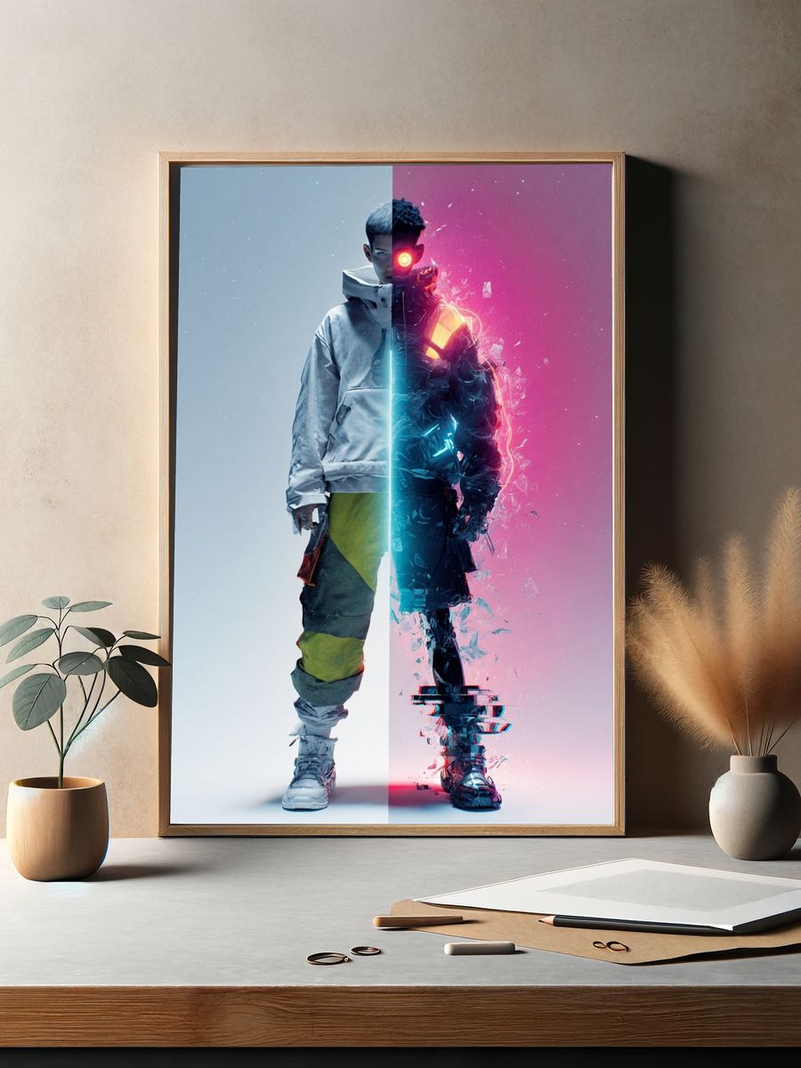 Cyberpunk Split Portrait Poster. — room view 2