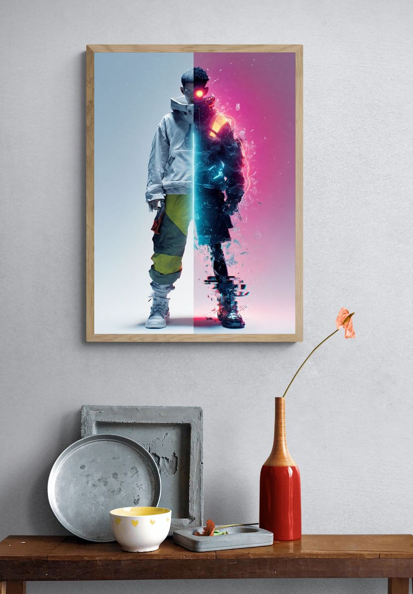 Cyberpunk Split Portrait Poster. — room view 3