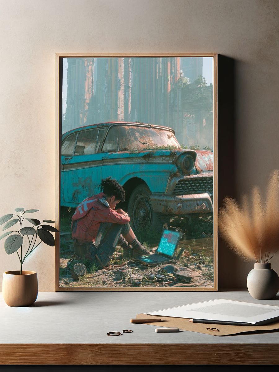 Cyberpunk Ruins Illustration Poster. — room view 2