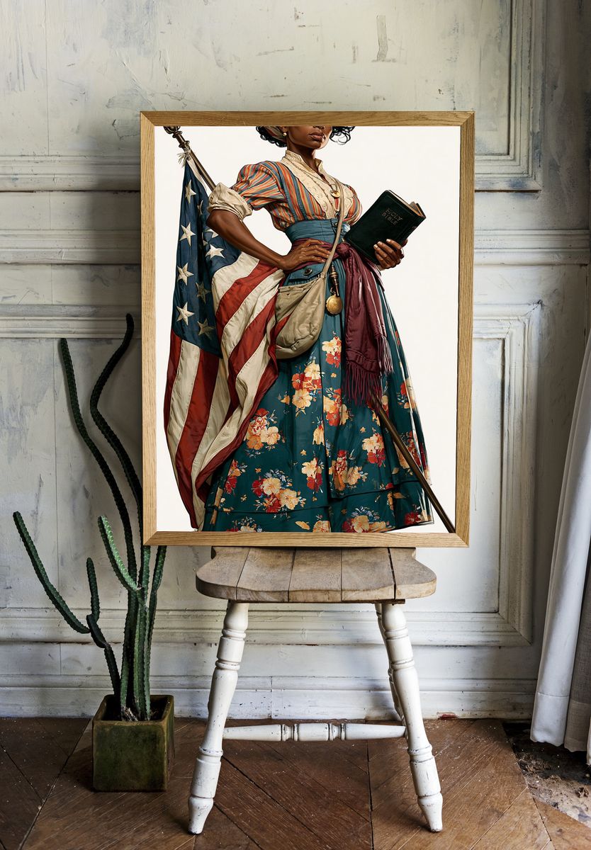 Patriotic Woman with Bible Illustration Poster. — room view 1