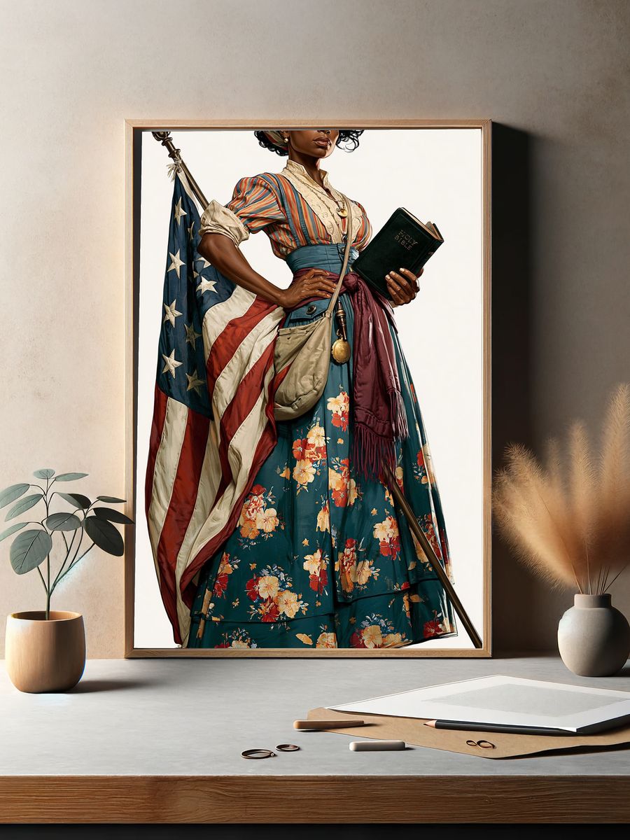 Patriotic Woman with Bible Illustration Poster. — room view 2