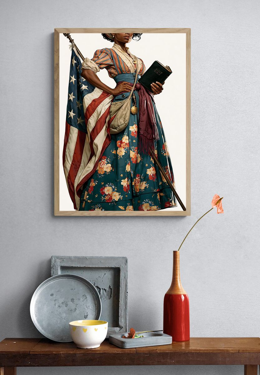Patriotic Woman with Bible Illustration Poster. — room view 3