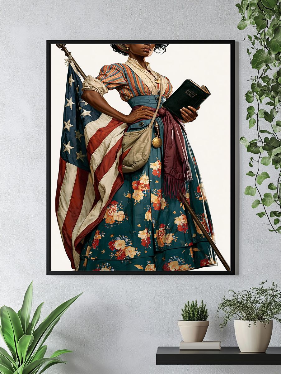 Patriotic Woman with Bible Illustration Poster. — room view 4