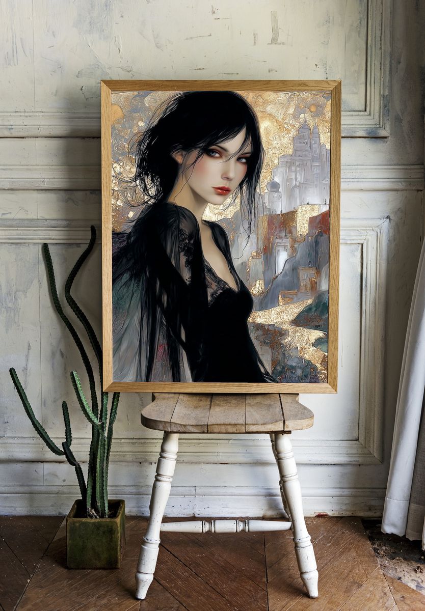 Gothic Woman Cityscape Illustration Poster. — room view 1