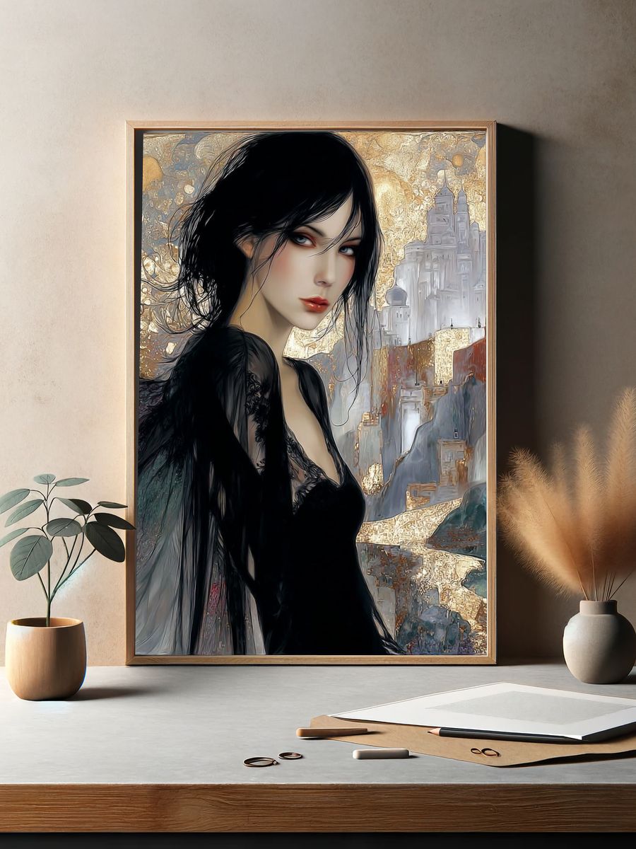 Gothic Woman Cityscape Illustration Poster. — room view 2