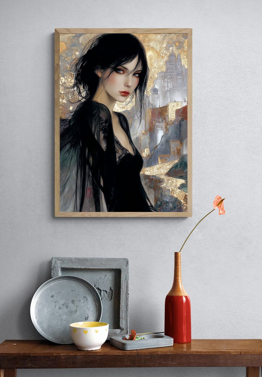 Gothic Woman Cityscape Illustration Poster. — room view 3