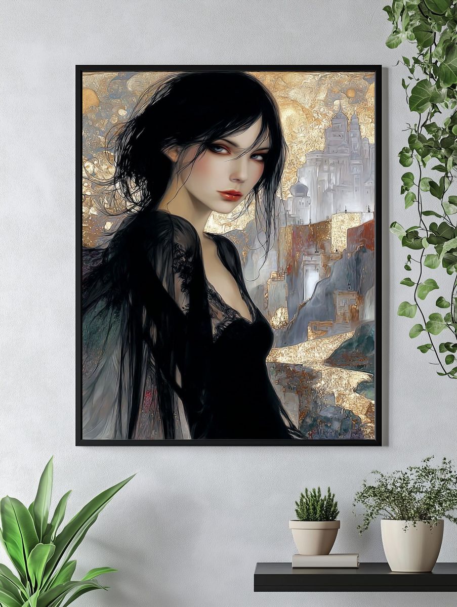 Gothic Woman Cityscape Illustration Poster. — room view 4
