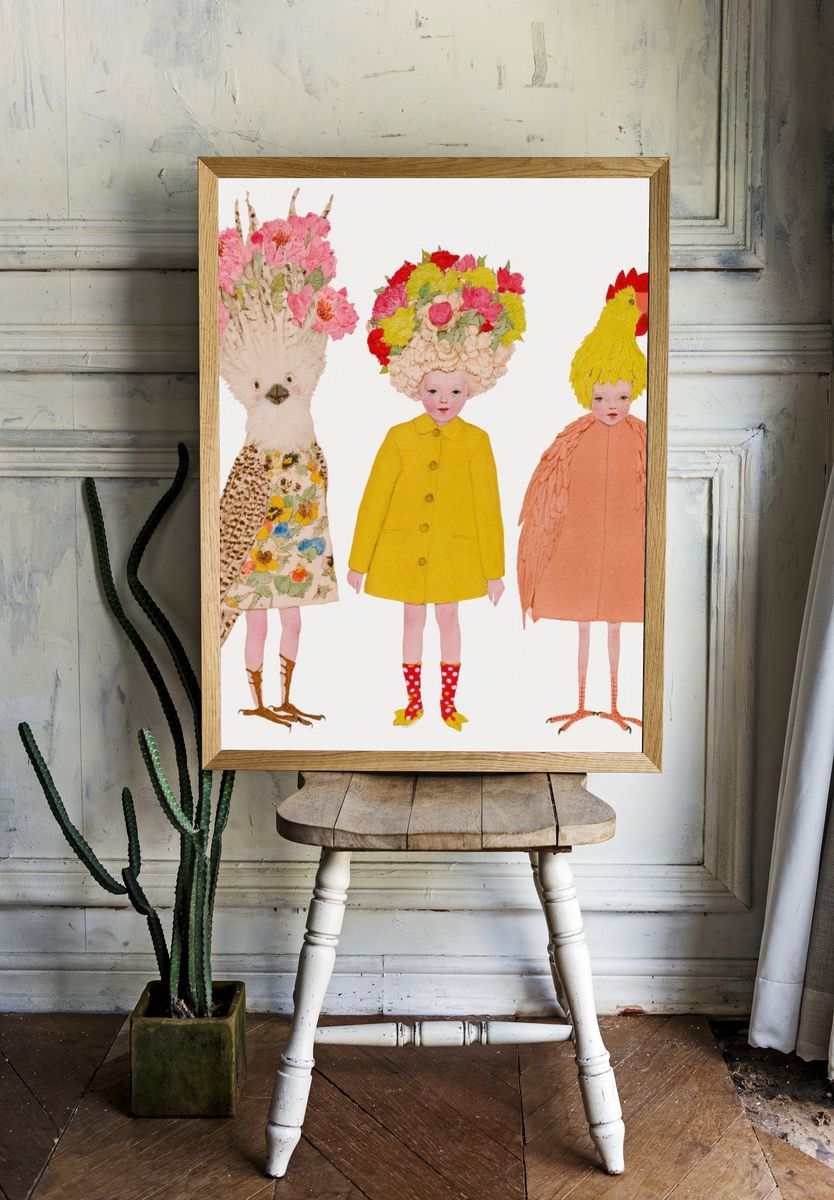 Whimsical Floral Bird Children Print. room preview