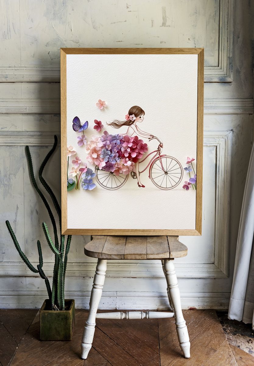 Flower Girl Bicycle Illustration Poster. — room view 1