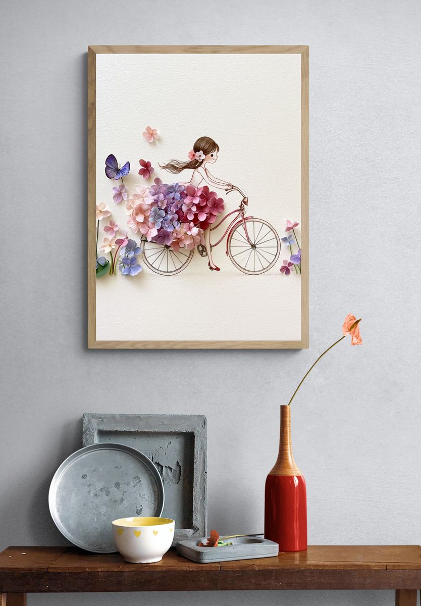 Flower Girl Bicycle Illustration Poster. — room view 3