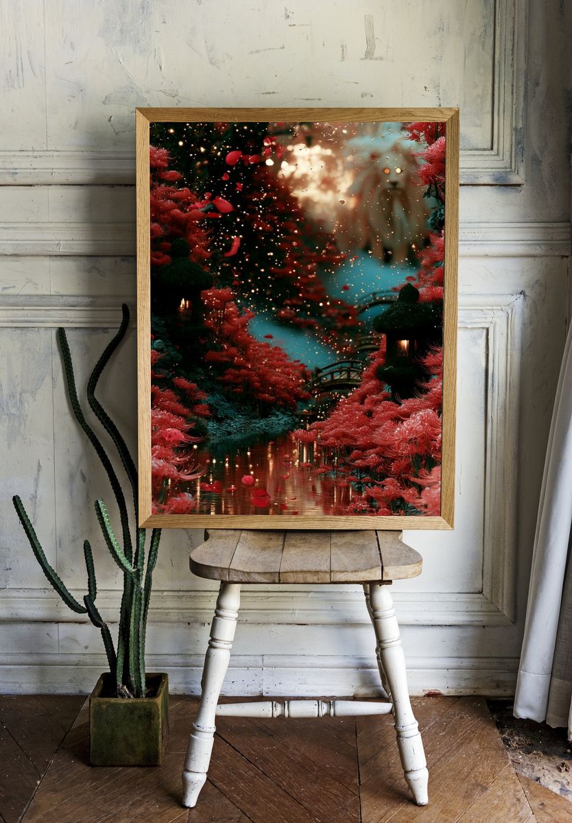 Crimson Blossom Garden Print. room preview