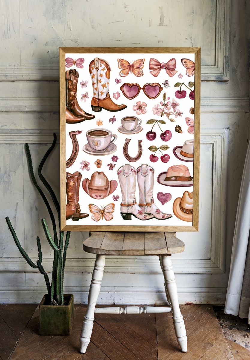 Cowgirl Boots and Cherry Watercolor Print. room preview