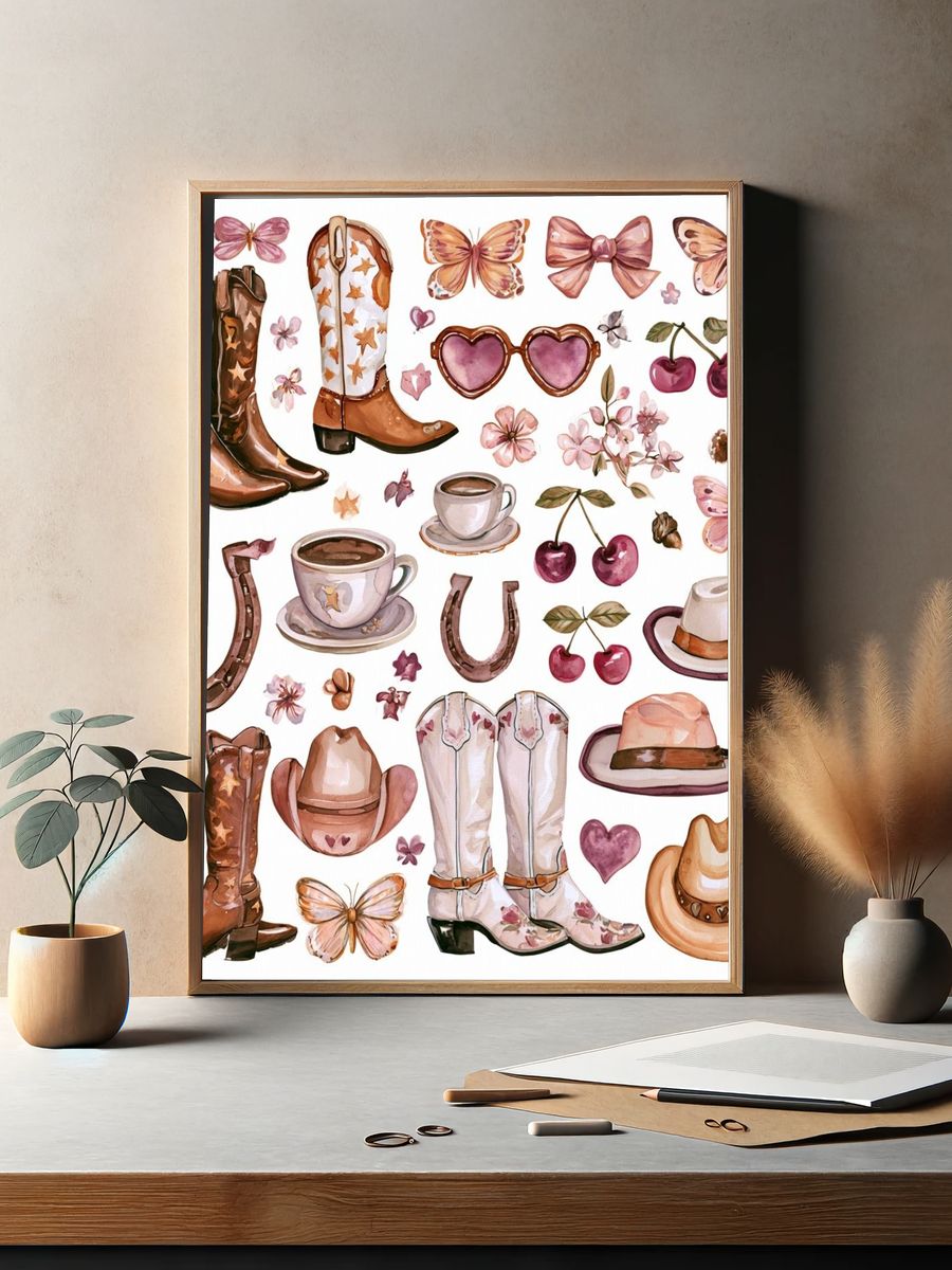 Cowgirl Boots and Cherry Watercolor Print. — room view 2