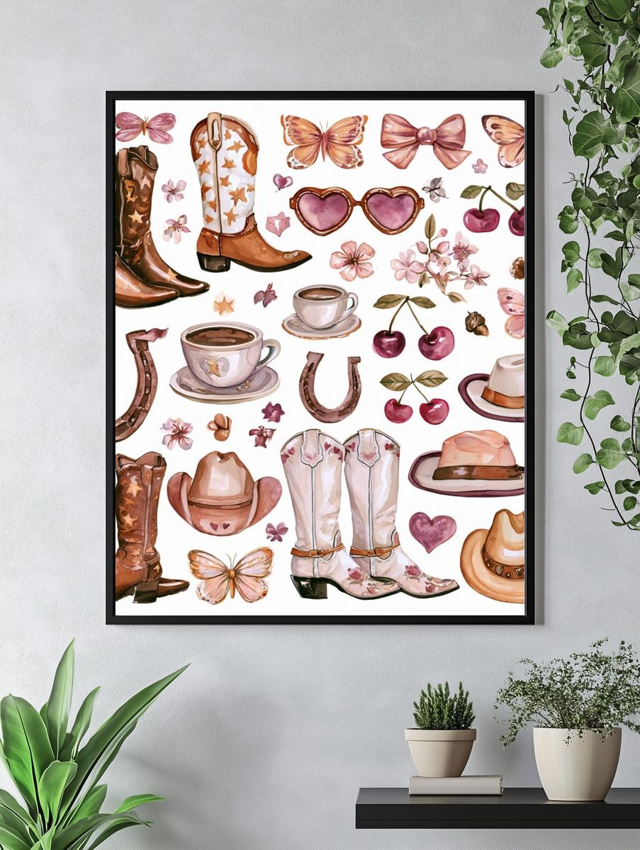 Cowgirl Boots and Cherry Watercolor Print. — room view 4