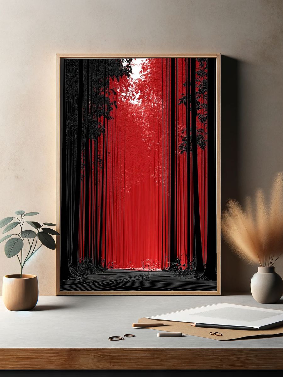 Red Forest Glow Illustration Poster. — room view 2