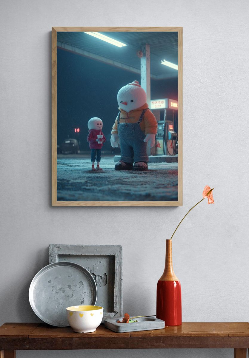 Snowman Duo Night Scene Poster. — room view 3