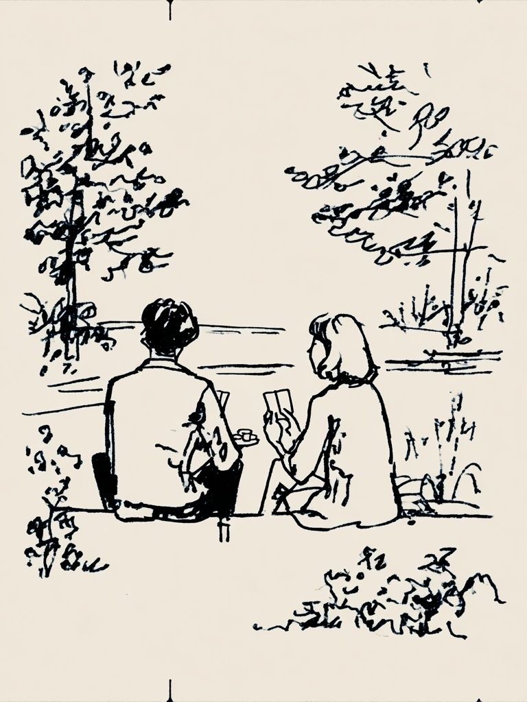 Couple by the Lake Ink Print. poster — illustration art